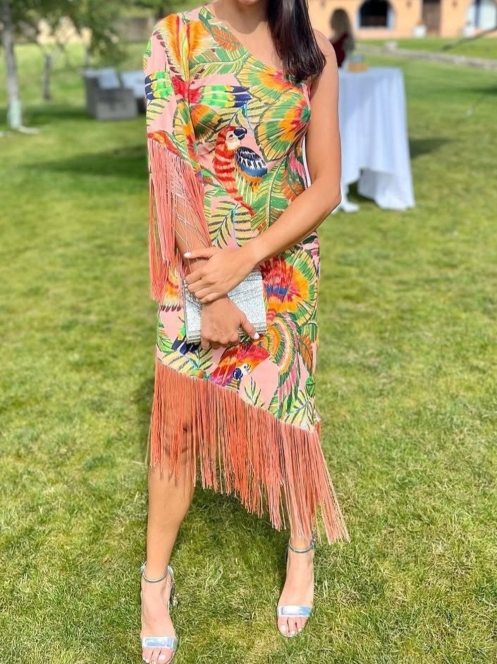 Farm Rio Macaw Leaves One-Shoulder Fringe Midi Dress NWT Sz M